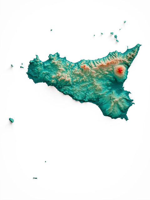 Sicily (Italy), Elevation tint - Spectral, 2D printed shaded relief map with 3D effect of Sicily (Italy) with spectral hypsometric tint. Shop our beautiful fine art printed maps on supreme Cotton paper. Vintage maps digitally restored and enhanced with a 3D effect. VizCart from Vizart