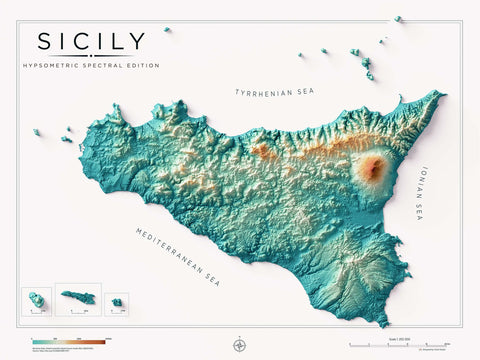 Sicily (Italy) spectral shaded relief elevation map printed on fine art paper