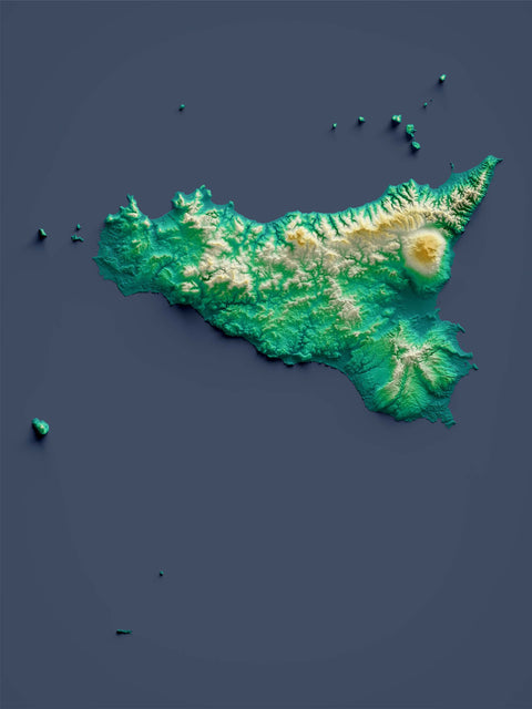 Sicily (Italy), Elevation tint - Viridis, 2D printed shaded relief map with 3D effect of Sicily (Italy) with viridis hypsometric tint. Shop our beautiful fine art printed maps on supreme Cotton paper. Vintage maps digitally restored and enhanced with a 3D effect. VizCart from Vizart