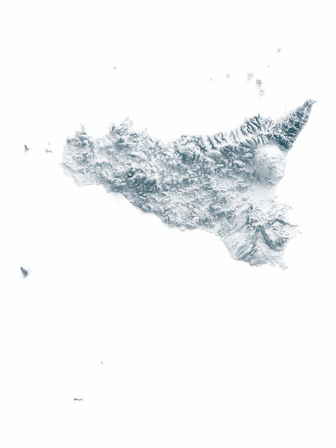 Sicily (Italy), Elevation tint - White, 2D printed shaded relief map with 3D effect of Sicily (Italy) with white hypsometric tint. Shop our beautiful fine art printed maps on supreme Cotton paper. Vintage maps digitally restored and enhanced with a 3D effect. VizCart from Vizart
