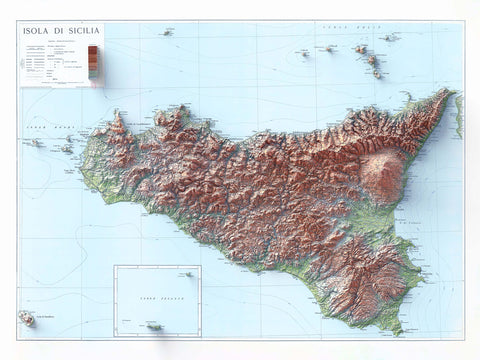 Sicily (Italy), Topographic map - 1943, 2D printed shaded relief map with 3D effect of a 1943 topographic map of Siciliy (Italy). Shop our beautiful fine art printed maps on supreme Cotton paper. Vintage maps digitally restored and enhanced with a 3D effect. VizCart from Vizart
