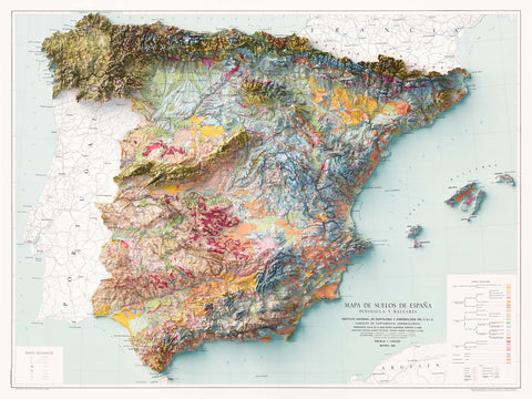 Spanish peninsula and Baleares (Spain), Soil map - 1966, 2D printed shaded relief map with 3D effect of a 1966 soil map of Spain peninsula and Baleares. Shop our beautiful fine art printed maps on supreme Cotton paper. Vintage maps digitally restored and enhanced with a 3D effect. VizCart from Vizart