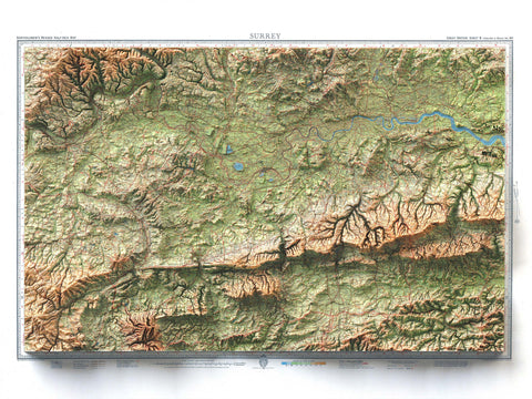 Surrey (England, UK), Topographic map - 1942, 2D printed shaded relief map with 3D effect of a 1942 topographic map of Surrey (UK). Shop our beautiful fine art printed maps on supreme Cotton paper. Vintage maps digitally restored and enhanced with a 3D effect. VizCart from Vizart