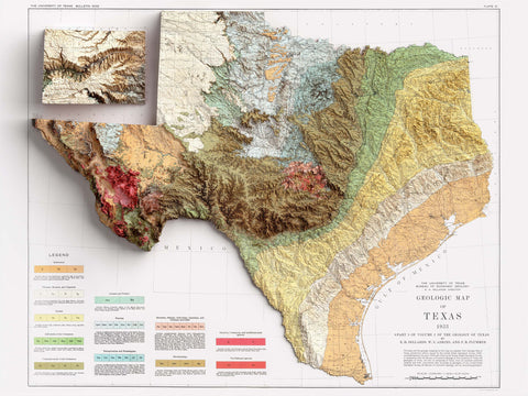 Texas, Geological map - 1933, 2D printed shaded relief map with 3D effect of a 1933 geologic map of Texas (USA). Shop our beautiful fine art printed maps on supreme Cotton paper. Vintage maps digitally restored and enhanced with a 3D effect. VizCart from Vizart