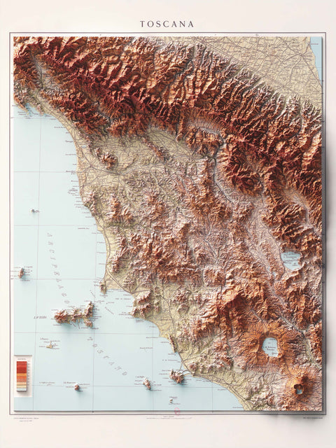 Tuscany (Italy), Topographic map - 1935, 2D printed shaded relief map with 3D effect of a 1935 topographic map of Tuscany (Italy). Shop our beautiful fine art printed maps on supreme Cotton paper. Vintage maps digitally restored and enhanced with a 3D effect. VizCart from Vizart