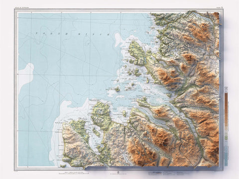 Ullapool (Scotland, UK), Topographic map - 1912, 2D printed shaded relief map with 3D effect of a 1912 topographic map of Ullapool and Lochinver (Scotland, UK). Shop our beautiful fine art printed maps on supreme Cotton paper. Vintage maps digitally restored and enhanced with a 3D effect. VizCart from Vizart
