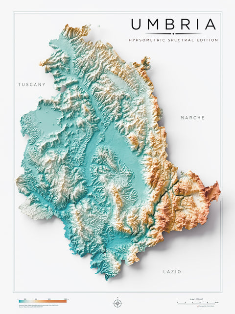 Umbria (Italy) spectral shaded relief elevation map printed on fine art paper