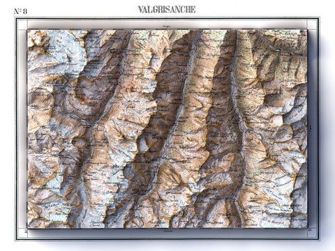 Valgrisenche (Italy), Topographic map - 1899, 2D printed shaded relief map with 3D effect of a 1899 topographic map of Valgrisenche (Aosta Valley, Italy). Shop our beautiful fine art printed maps on supreme Cotton paper. Vintage maps digitally restored and enhanced with a 3D effect. VizCart from Vizart
