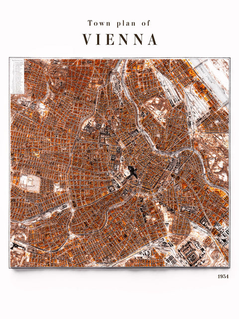 Vienna (Austria) 1934 city restored antique shaded relief map print on fine art paper