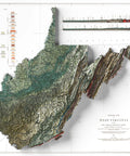 West Virginia (USA), Geological map - 1932, 2D printed shaded relief map with 3D effect of a 1932 geological map of West Virginia (USA). Shop our beautiful fine art printed maps on supreme Cotton paper. Vintage maps digitally restored and enhanced with a 3D effect. VizCart from Vizart