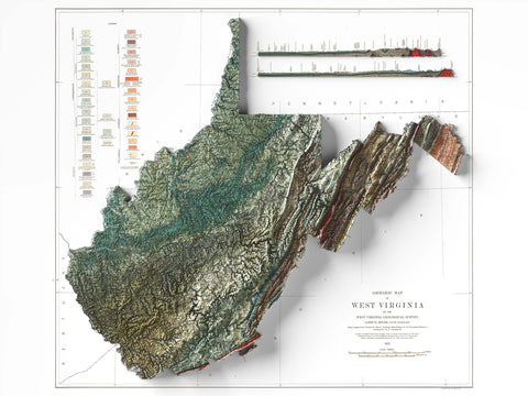 West Virginia (USA), Geological map - 1932, 2D printed shaded relief map with 3D effect of a 1932 geological map of West Virginia (USA). Shop our beautiful fine art printed maps on supreme Cotton paper. Vintage maps digitally restored and enhanced with a 3D effect. VizCart from Vizart