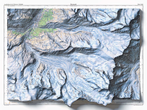 Zermatt (Switzerland), Topographic map - 1970, 2D printed shaded relief map with 3D effect of a 1970 topographic map of Zermatt (Switzerland). Shop our beautiful fine art printed maps on supreme Cotton paper. Vintage maps digitally restored and enhanced with a 3D effect, VizCart from Vizart