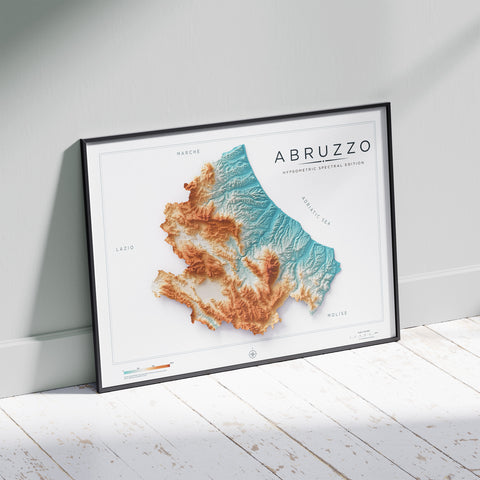 Abruzzo (Italy) spectral shaded relief elevation map printed on fine art paper wall decor