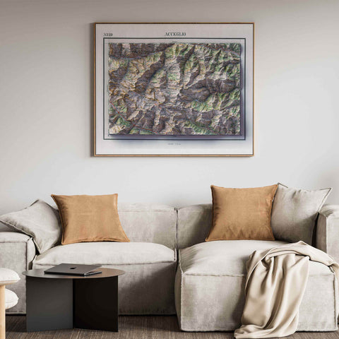 Acceglio (Italy), Topographic map - 1899, 2D printed shaded relief map with 3D effect of a 1899 topographic map of Acceglio (Italy). Shop our beautiful fine art printed maps on supreme Cotton paper. Vintage maps digitally restored and enhanced with a 3D effect. VizCart from Vizart