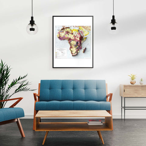 Africa, Geological map - 1958, 2D printed shaded relief map with 3D effect of a 1958 geologic map of Africa. Shop our beautiful fine art printed maps on supreme Cotton paper. Vintage maps digitally restored and enhanced with a 3D effect. VizCart from Vizart