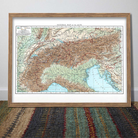 Alps 1900 topographic digitally restored map reprint on fine art paper wall decor