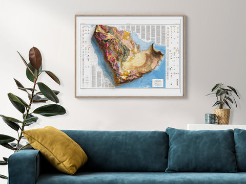 Arabian Peninsula, Geological map - 1963, 2D printed shaded relief map with 3D effect of a 1963 geological map of Saudi Arabia. Shop our beautiful fine art printed maps on supreme Cotton paper. Vintage maps digitally restored and enhanced with a 3D effect., VizCart from Vizart