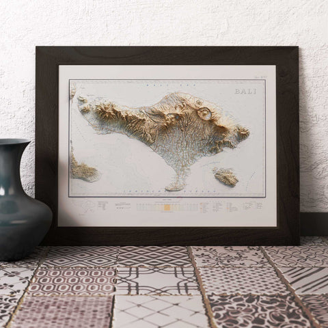 Bali (Indonesia), Topographic map - 1935, 2D printed shaded relief map with 3D effect of a 1935 topographic map of Bali (Indonesia). Shop our beautiful fine art printed maps on supreme Cotton paper. Vintage maps digitally restored and enhanced with a 3D effect., VizCart from Vizart