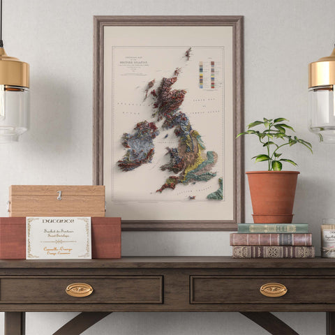 British-Irish Isles, Geological map - 1906, 2D printed shaded relief map with 3D effect of a 1906 geological map of Britain and Ireland (British-Irish Isles). Shop our beautiful fine art printed maps on supreme Cotton paper. Vintage maps digitally restored and enhanced with a 3D effect. VizCart from Vizart