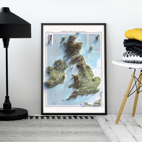 British-Irish Isles, Topographic map - 1920, 2D printed shaded relief map with 3D effect of a 1920 topographic map of Britain and Ireland (British-Irish Isles). Shop our beautiful fine art printed maps on supreme Cotton paper. Vintage maps digitally restored and enhanced with a 3D effect. VizCart from Vizart