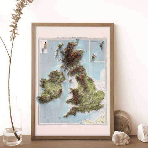 British-Irish Isles 1920 topographic restored antique shaded relief map print on fine art paper wall decor