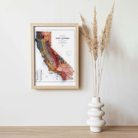California (USA), Geological map - 1916, 2D printed shaded relief map with 3D effect of a 1916 geological map of California (USA). Shop our beautiful fine art printed maps on supreme Cotton paper. Vintage maps digitally restored and enhanced with a 3D effect. VizCart from Vizart