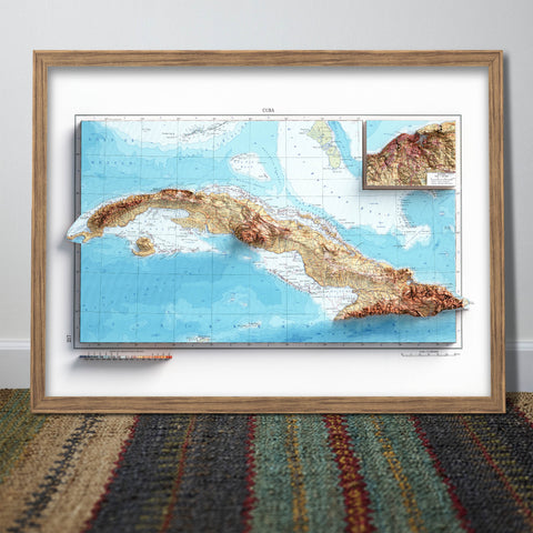 Cuba, Topographic map - 1967, 2D printed shaded relief map with 3D effect of a 1967 topographic map of Cuba. Shop our beautiful fine art printed maps on supreme Cotton paper. Vintage maps digitally restored and enhanced with a 3D effect. VizCart from Vizart