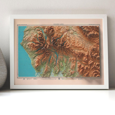English Lakes (England, UK), Topographic map - 1941, 2D printed shaded relief map with 3D effect of a 1941 topographic map of English Lakes (UK). Shop our beautiful fine art printed maps on supreme Cotton paper. Vintage maps digitally restored and enhanced with a 3D effect. VizCart from Vizart