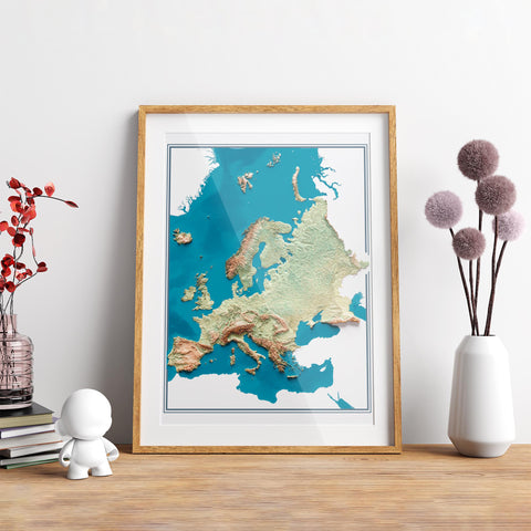 Europe, Elevation tint - satellite, 2D printed shaded relief map with 3D effect of Europe with satellite hypsometric tint. Shop our beautiful fine art printed maps on supreme Cotton paper. Vintage maps digitally restored and enhanced with a 3D effect. VizCart from Vizart