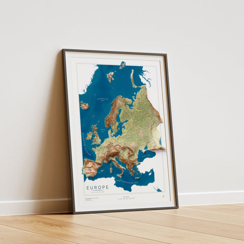 Europe satellite shaded relief elevation map printed on fine art paper wall decor