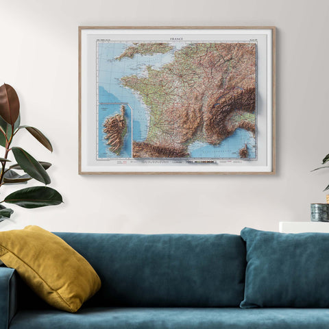 France, Topographic map - 1955, 2D printed shaded relief map with 3D effect of a 1955 topographic map of France. Shop our beautiful fine art printed maps on supreme Cotton paper. Vintage maps digitally restored and enhanced with a 3D effect. VizCart from Vizart