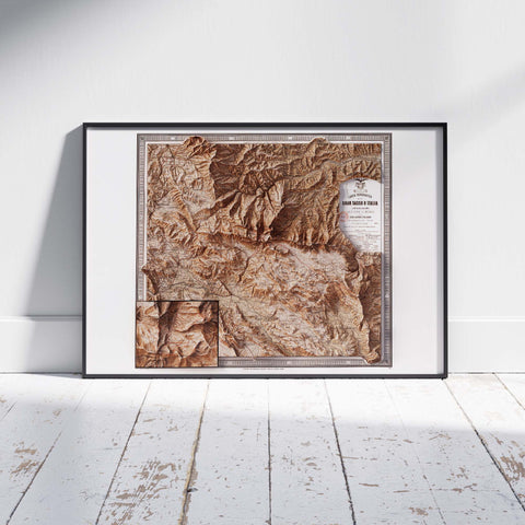 Gran Sasso d'Italia (Abruzzo, Italy), Topographic map - 1887, 2D printed shaded relief map with 3D effect of a 1887 topographic map of Gran Sasso d'Italia (Abruzzo, Italy). Shop our beautiful fine art printed maps on supreme Cotton paper. Vintage maps digitally restored and enhanced with a 3D effect. VizCart from Vizart