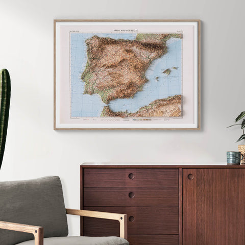 Iberian Peninsula, Topographic map - 1956, 2D printed shaded relief map with 3D effect of a 1956 topographic map of Iberian Peninsula. Shop our beautiful fine art printed maps on supreme Cotton paper. Vintage maps digitally restored and enhanced with a 3D effect. VizCart from Vizart