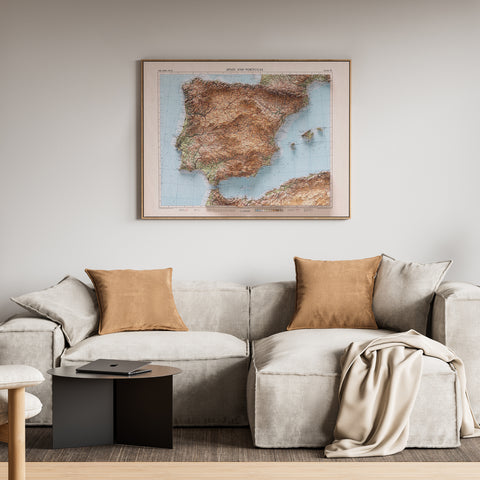 Iberian Peninsula, Topographic map - 1956, 2D printed shaded relief map with 3D effect of a 1956 topographic map of Iberian Peninsula. Shop our beautiful fine art printed maps on supreme Cotton paper. Vintage maps digitally restored and enhanced with a 3D effect. VizCart from Vizart