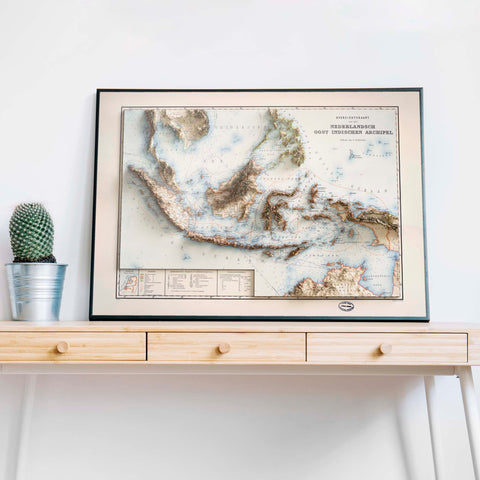 Indonesia, Topographic map - 1901, 2D printed shaded relief map with 3D effect of a 1901 topographic map of Indonesia. Shop our beautiful fine art printed maps on supreme Cotton paper. Vintage maps digitally restored and enhanced with a 3D effect. VizCart from Vizart
