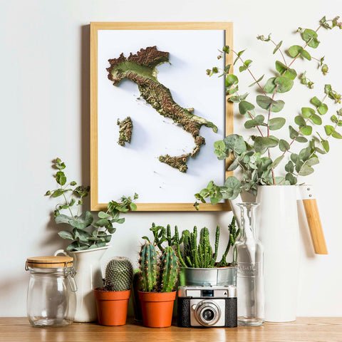 Italy, Elevation tint - Geo, 2D printed shaded relief map with 3D effect of Italy with geo hypsometric tint. Shop our beautiful fine art printed maps on supreme Cotton paper. Vintage maps digitally restored and enhanced with a 3D effect. VizCart from Vizart