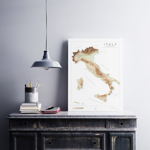 Italy geo shaded relief elevation map printed on fine art paper wall decor