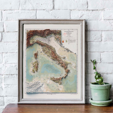 Italy, Topographic map - 1888, 2D printed shaded relief map with 3D effect of a 1888 topographic map of Italy. Shop our beautiful fine art printed maps on supreme Cotton paper. Vintage maps digitally restored and enhanced with a 3D effect. VizCart from Vizart