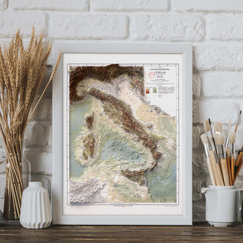 Italy Bathymetric, Topographic map - 1888, 2D printed shaded relief map with 3D effect of a 1888 topographic map of Italy with bathymetric. Shop our beautiful fine art printed maps on supreme Cotton paper. Vintage maps digitally restored and enhanced with a 3D effect. VizCart from Vizart