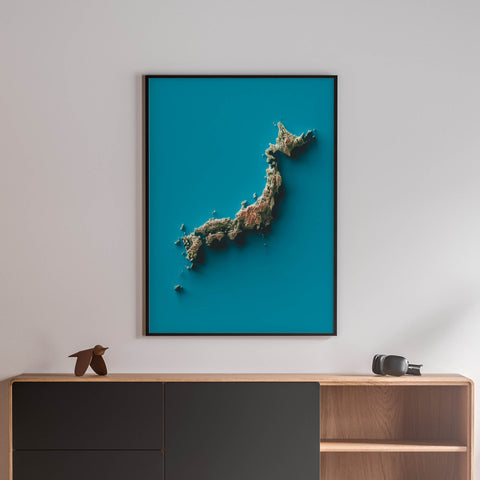 Japan, Elevation tint - Geolight, 2D printed shaded relief map with 3D effect of Japan with geo hypsometric tint. Shop our beautiful fine art printed maps on supreme Cotton paper. Vintage maps digitally restored and enhanced with a 3D effect. VizCart from Vizart