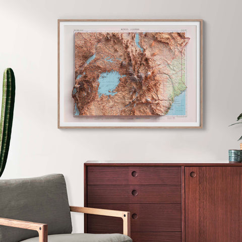Kenya Uganda, Topographic map - 1956, 2D printed shaded relief map with 3D effect of a 1956 topographic map of Kenya and Uganda. Shop our beautiful fine art printed maps on supreme Cotton paper. Vintage maps digitally restored and enhanced with a 3D effect VizCart from Vizart