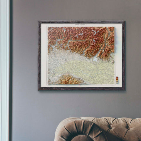 Lombardy (Italy), Topographic map - 1935, 2D printed shaded relief map with 3D effect of a 1935 topographic map of Lombardy (Italy). Shop our beautiful fine art printed maps on supreme Cotton paper. Vintage maps digitally restored and enhanced with a 3D effect, VizCart from Vizart