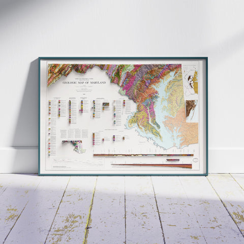 Maryland, Geological map - 1968, 2D printed shaded relief map with 3D effect of a 1968 geologic map of Maryland (USA). Shop our beautiful fine art printed maps on supreme Cotton paper. Vintage maps digitally restored and enhanced with a 3D effect. VizCart from Vizart