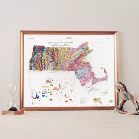 Massachusetts, Geological map - 1983, 2D printed shaded relief map with 3D effect of a 1983 geologic map of Massachusetts (USA). Shop our beautiful fine art printed maps on supreme Cotton paper. Vintage maps digitally restored and enhanced with a 3D effect. VizCart from Vizart