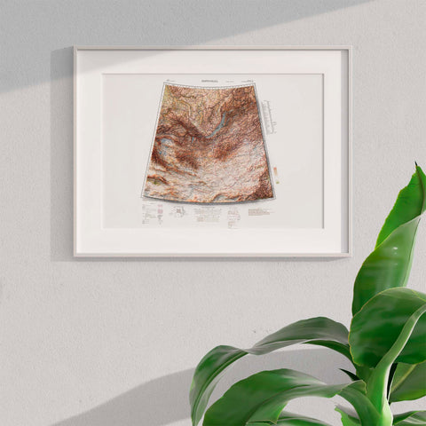 Mongolia, Topographic map - 1931, 2D printed shaded relief map with 3D effect of a 1931 topographic map of Mongolia. Shop our beautiful fine art printed maps on supreme Cotton paper. Vintage maps digitally restored and enhanced with a 3D effect., VizCart from Vizart