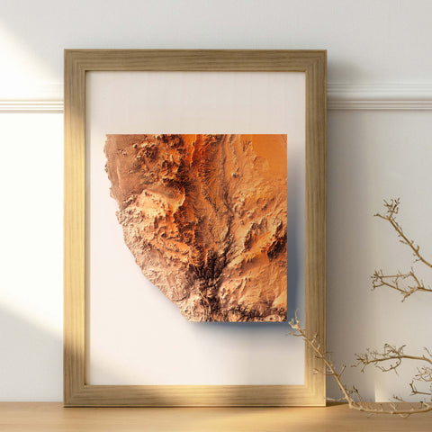 Namib Desert (Namibia), Elevation tint - Red, 2D printed shaded relief map with 3D effect of Namib desert (Namibia) with red hypsometric tint. Shop our beautiful fine art printed maps on supreme Cotton paper. Vintage maps digitally restored and enhanced with a 3D effect. VizCart from Vizart