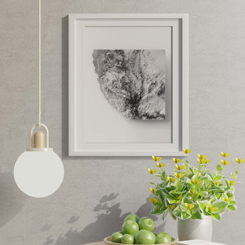 Namib Desert (Namibia), Elevation tint - White, 2D printed shaded relief map with 3D effect of Namib desert (Namibia) with monochrome white tint. Shop our beautiful fine art printed maps on supreme Cotton paper. Vintage maps digitally restored and enhanced with a 3D effect. VizCart from Vizart
