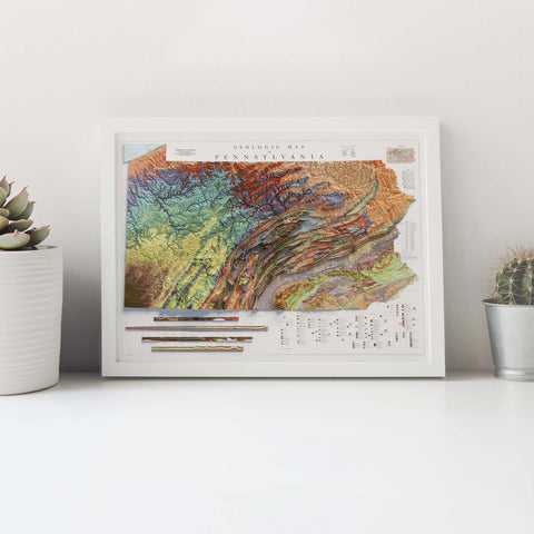 Pennsylvania, Geological map - 1960, 2D printed shaded relief map with 3D effect of a 1960 geologic map of Pennsylvania (USA). Shop our beautiful fine art printed maps on supreme Cotton paper. Vintage maps digitally restored and enhanced with a 3D effect. VizCart from Vizart.