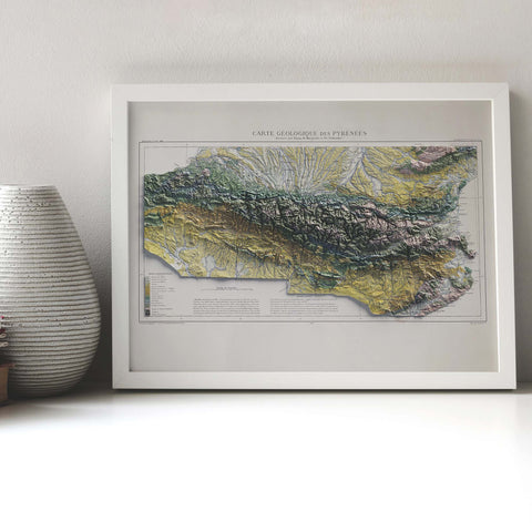 Pyrenees, Geological map - 1891, 2D printed shaded relief map with 3D effect of a 1891 geological map of Pyrenees (France, Spain). Shop our beautiful fine art printed maps on supreme Cotton paper. Vintage maps digitally restored and enhanced with a 3D effect. VizCart from Vizart