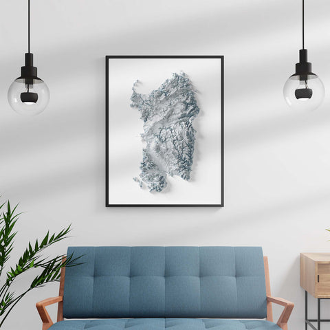 Sardinia (Italy), Elevation tint - White, 2D printed shaded relief map with 3D effect of Sardinia (Italy) with white hypsometric tint. Shop our beautiful fine art printed maps on supreme Cotton paper. Vintage maps digitally restored and enhanced with a 3D effect. VizCart from Vizart